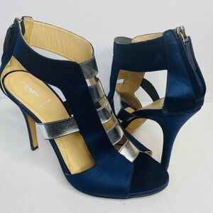 Fendi Navy Satin High Heel Sandals with Silver Metallic Straps